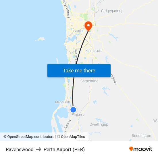 Ravenswood to Perth Airport (PER) map