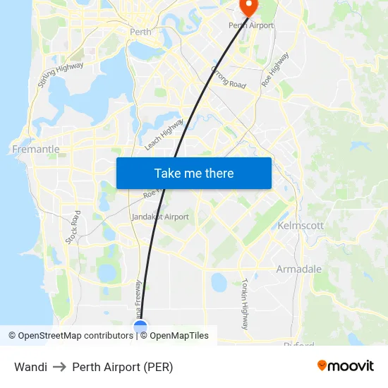 Wandi to Perth Airport (PER) map