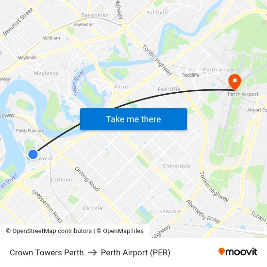 Crown Towers Perth to Perth Airport (PER) map