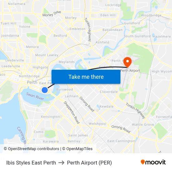 Ibis Styles East Perth to Perth Airport (PER) map