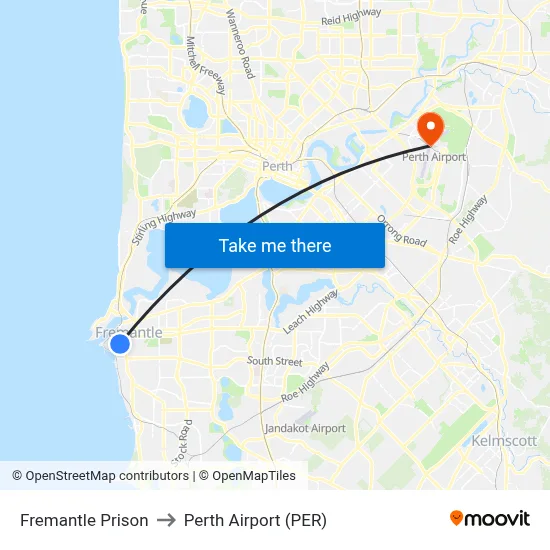Fremantle Prison to Perth Airport (PER) map