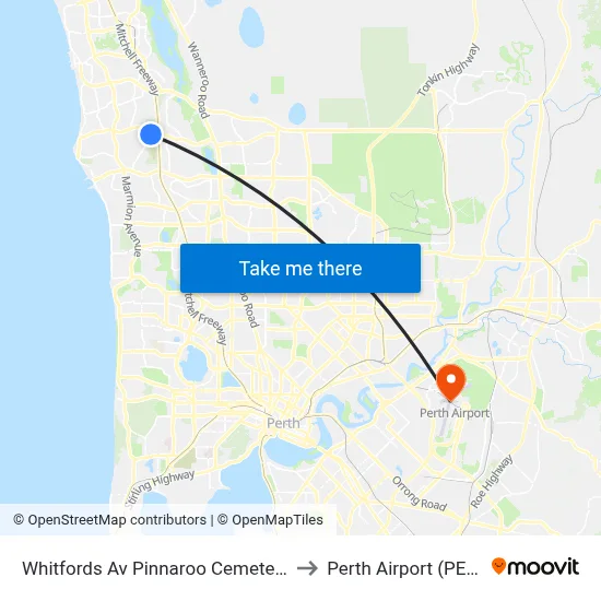 Whitfords Av Pinnaroo Cemetery to Perth Airport (PER) map