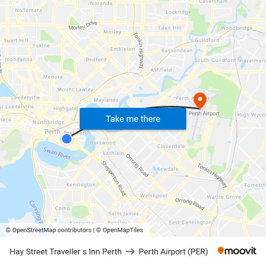 Hay Street Traveller s Inn Perth to Perth Airport (PER) map