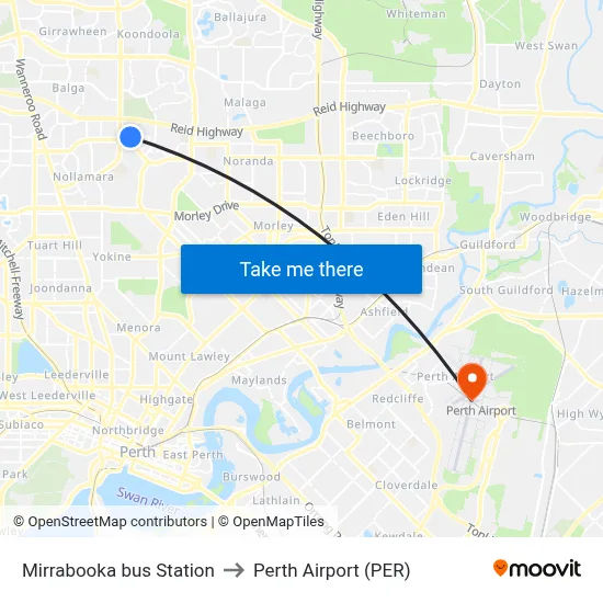 Mirrabooka bus Station to Perth Airport (PER) map