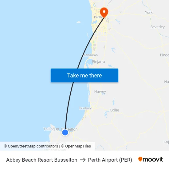 Abbey Beach Resort Busselton to Perth Airport (PER) map