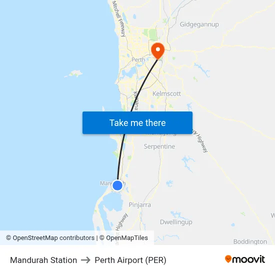 Mandurah Station to Perth Airport (PER) map