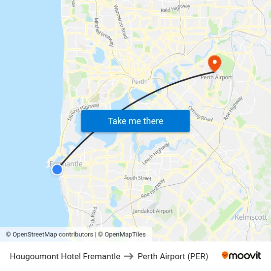 Hougoumont Hotel Fremantle to Perth Airport (PER) map