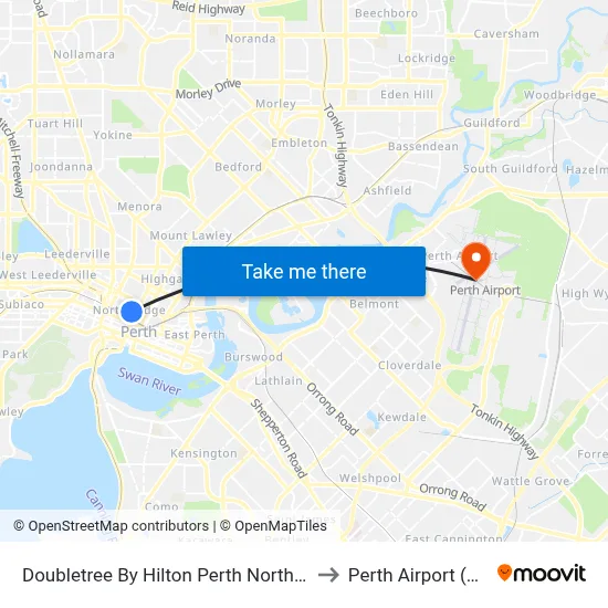 Doubletree By Hilton Perth Northbridge to Perth Airport (PER) map