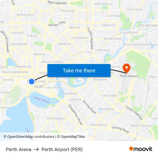 Perth Arena to Perth Airport (PER) map