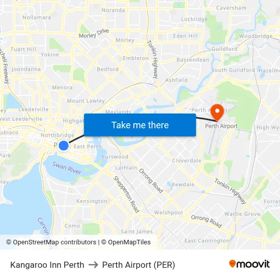 Kangaroo Inn Perth to Perth Airport (PER) map