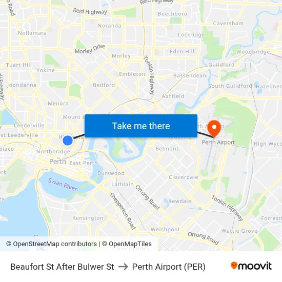 Beaufort St After Bulwer St to Perth Airport (PER) map