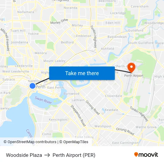 Woodside Plaza to Perth Airport (PER) map