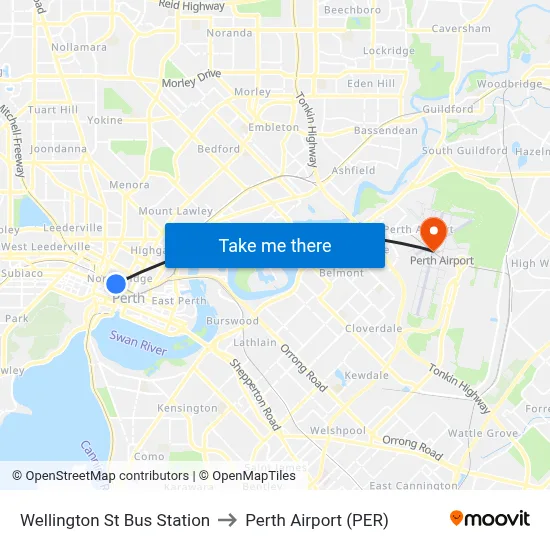 Wellington St Bus Station to Perth Airport (PER) map