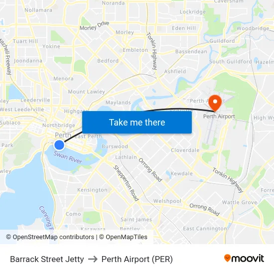 Barrack Street Jetty to Perth Airport (PER) map