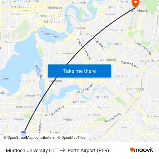 Murdoch University HLT to Perth Airport (PER) map