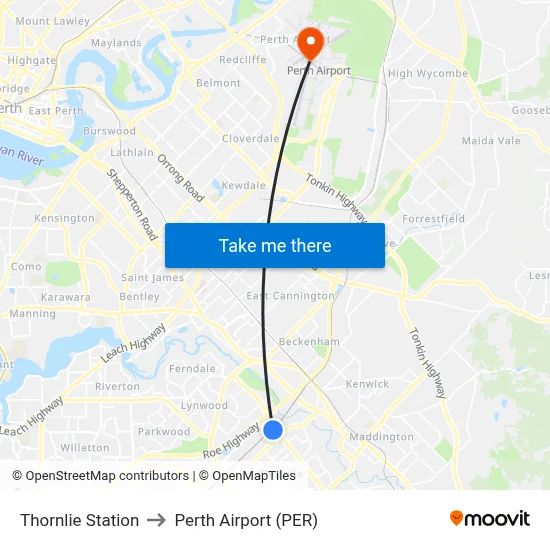 Thornlie Station to Perth Airport (PER) map