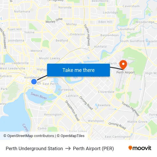 Perth Underground Station to Perth Airport (PER) map