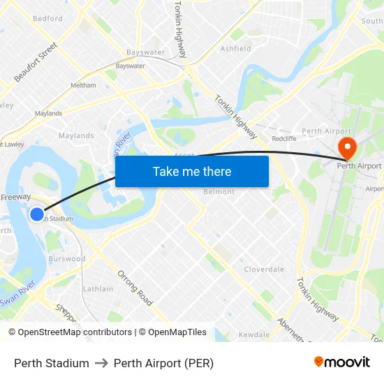 Perth Stadium to Perth Airport (PER) map
