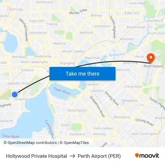 Hollywood Private Hospital to Perth Airport (PER) map
