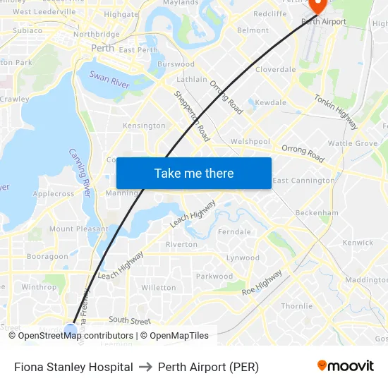 Fiona Stanley Hospital to Perth Airport (PER) map