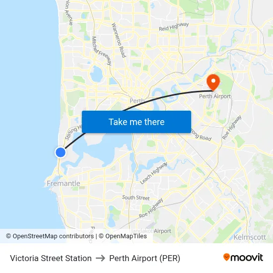 Victoria Street Station to Perth Airport (PER) map