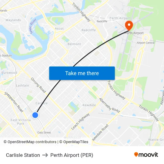 Carlisle Station to Perth Airport (PER) map