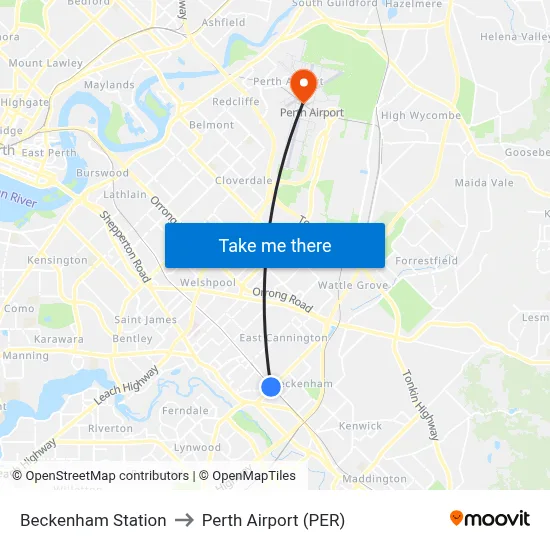 Beckenham Station to Perth Airport (PER) map