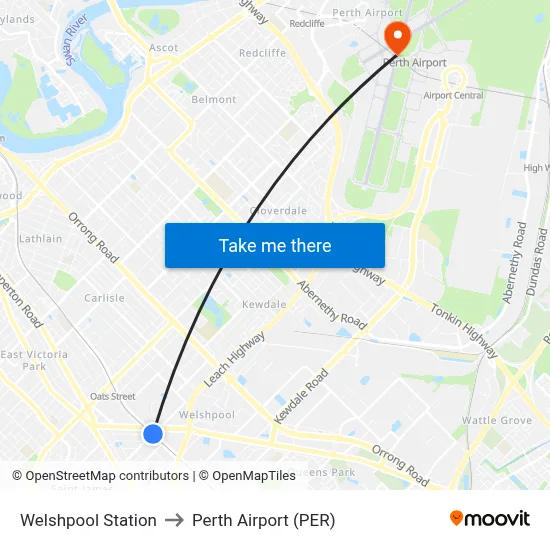 Welshpool Station to Perth Airport (PER) map