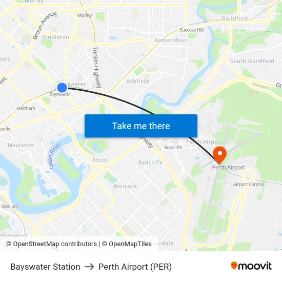 Bayswater Station to Perth Airport (PER) map