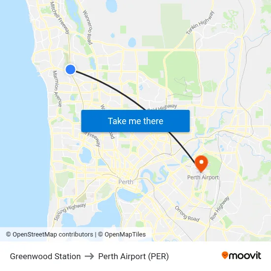 Greenwood Station to Perth Airport (PER) map