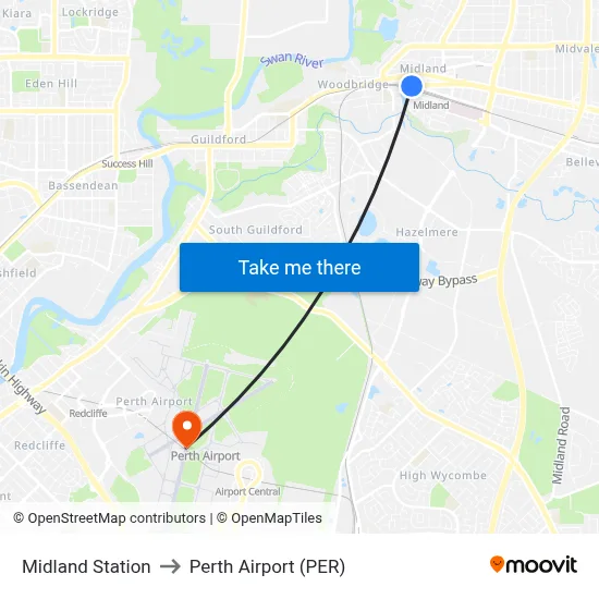 Midland Station to Perth Airport (PER) map