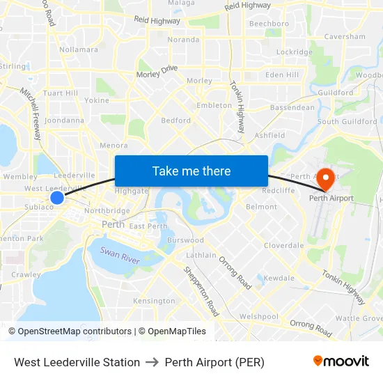 West Leederville Station to Perth Airport (PER) map