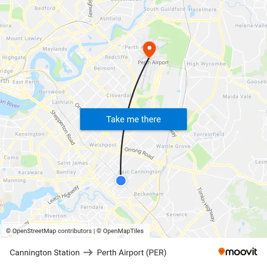 Cannington Station to Perth Airport (PER) map