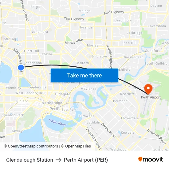 Glendalough Station to Perth Airport (PER) map