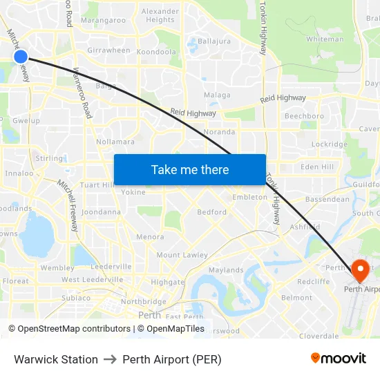 Warwick Station to Perth Airport (PER) map