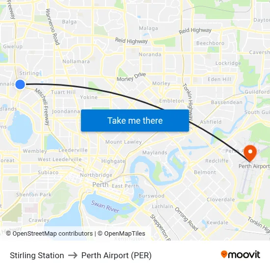 Stirling Station to Perth Airport (PER) map