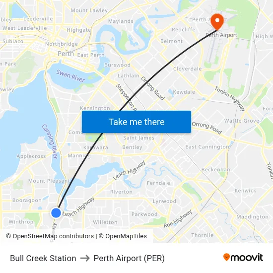 Bull Creek Station to Perth Airport (PER) map