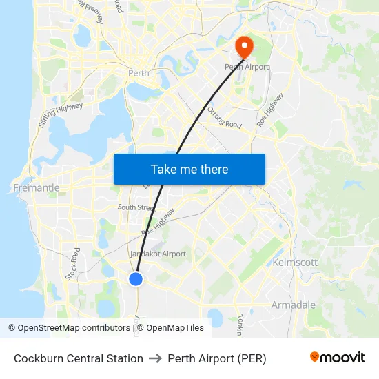 Cockburn Central Station to Perth Airport (PER) map