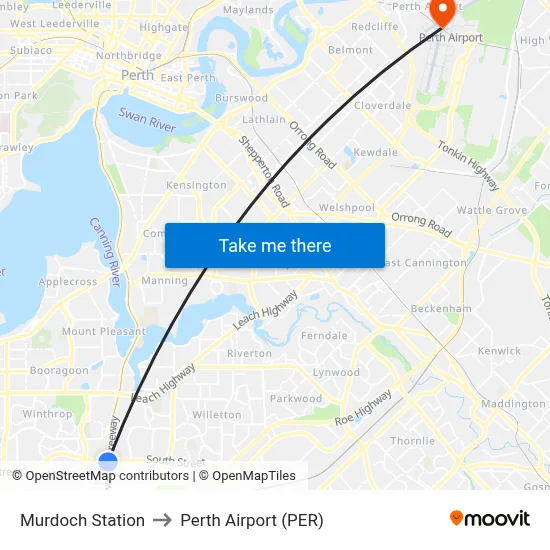 Murdoch Station to Perth Airport (PER) map