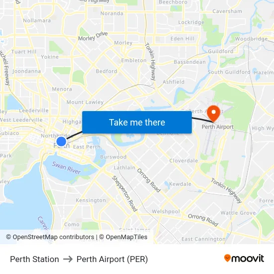 Perth Station to Perth Airport (PER) map
