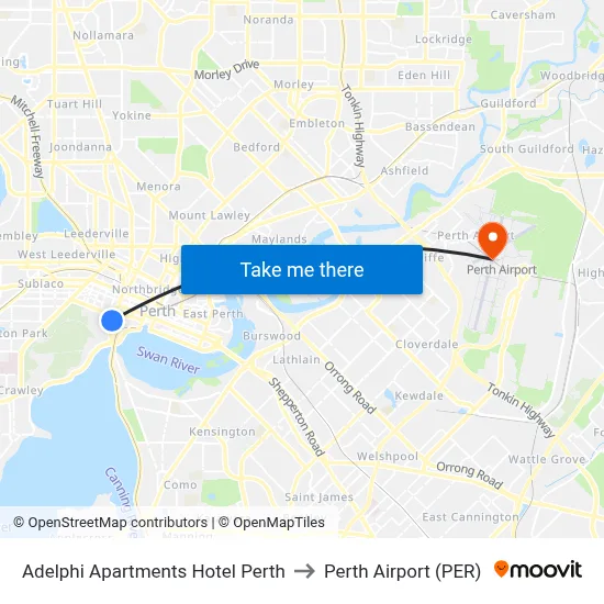 Adelphi Apartments Hotel Perth to Perth Airport (PER) map