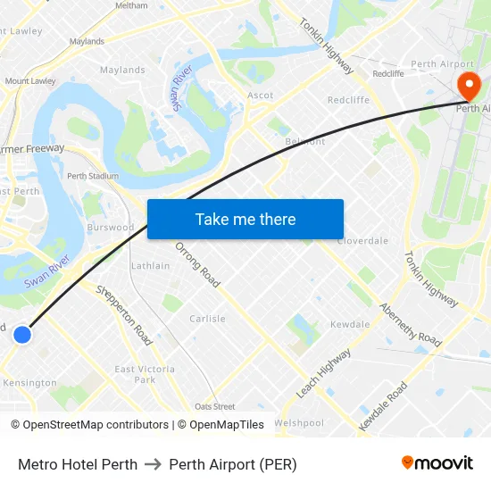 Metro Hotel Perth to Perth Airport (PER) map