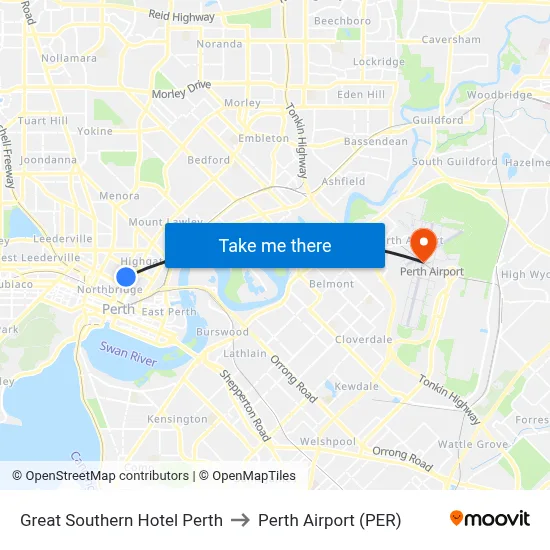 Great Southern Hotel Perth to Perth Airport (PER) map