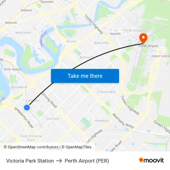 Victoria Park Station to Perth Airport (PER) map