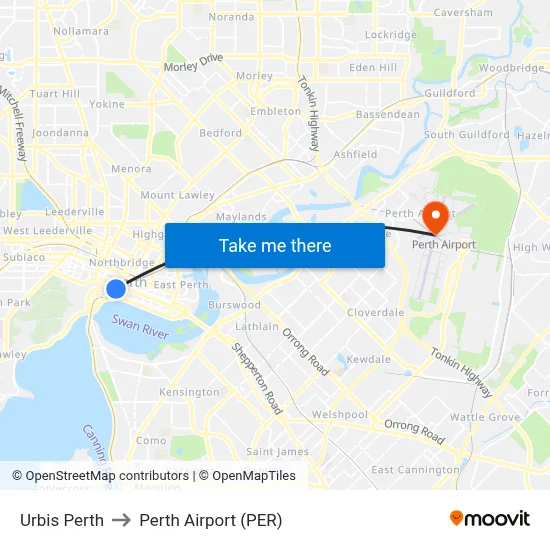 Urbis Perth to Perth Airport (PER) map
