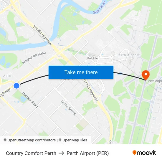 Country Comfort Perth to Perth Airport (PER) map