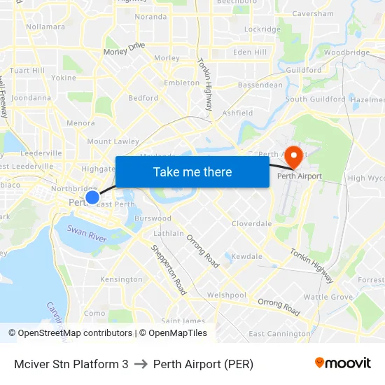 Mciver Stn Platform 3 to Perth Airport (PER) map