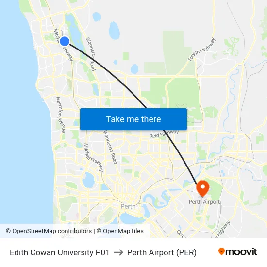 Edith Cowan University P01 to Perth Airport (PER) map