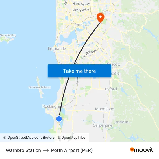 Warnbro Station to Perth Airport (PER) map