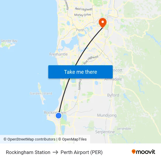 Rockingham Station to Perth Airport (PER) map
